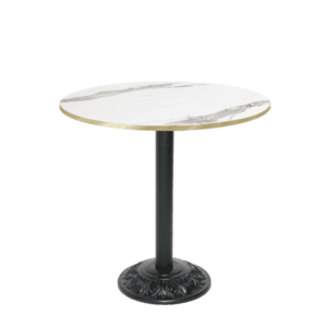 Table de restaurant Versailles noire avec plateau rond marbre blanc chant laiton RestooTab