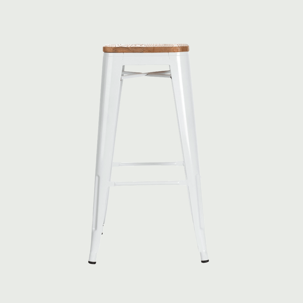 Tabouret de bar restaurant empilable Tolt en acier blanc et assise en bois