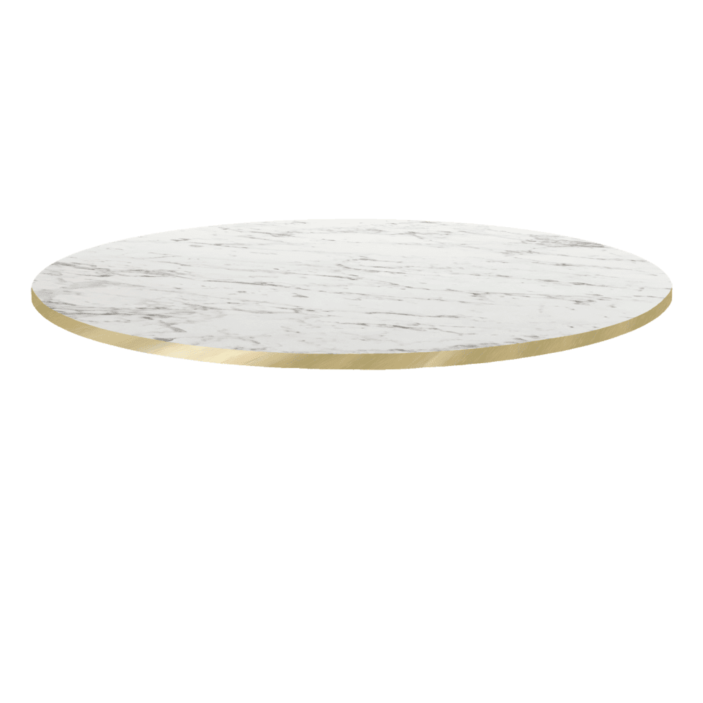 Plateau table de restaurant rond marbre calacatta chants laiton Restootab