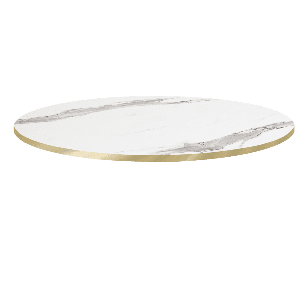 Plateau table de restaurant rond marbre blanc chants laiton Restootab