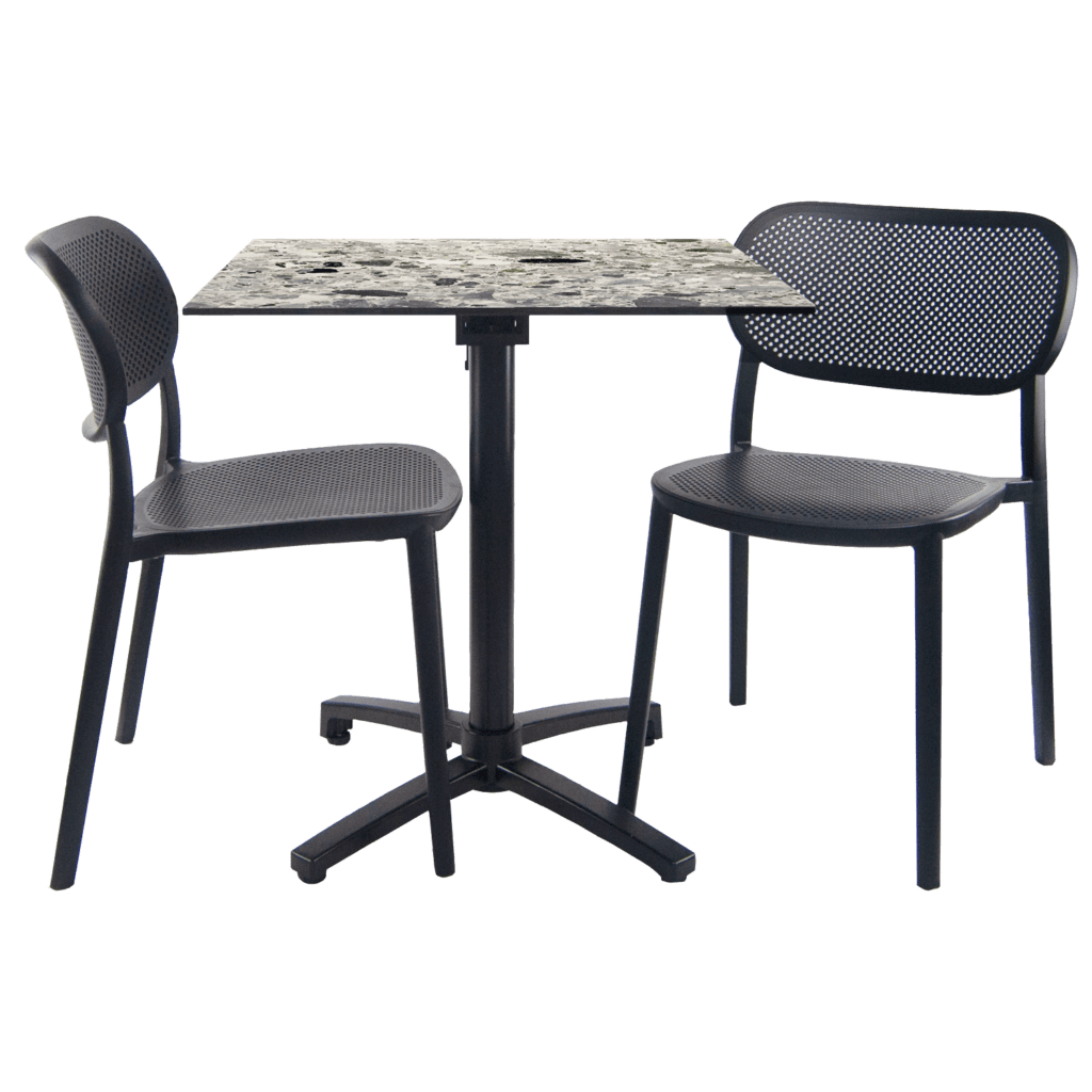 Ensemble table pliable diabolo compact HPL pour terrasse décor galets pierre cepp chaises Nuta RestooTab