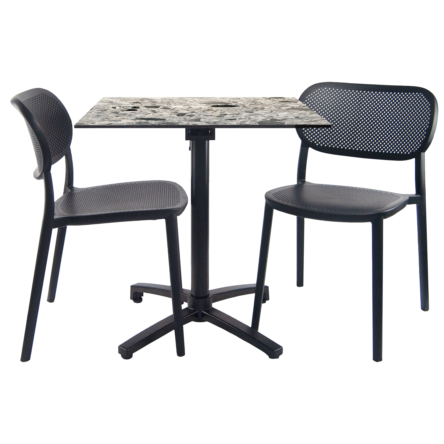 Ensemble table pliable diabolo compact HPL pour terrasse décor galets pierre cepp chaises Nuta RestooTab