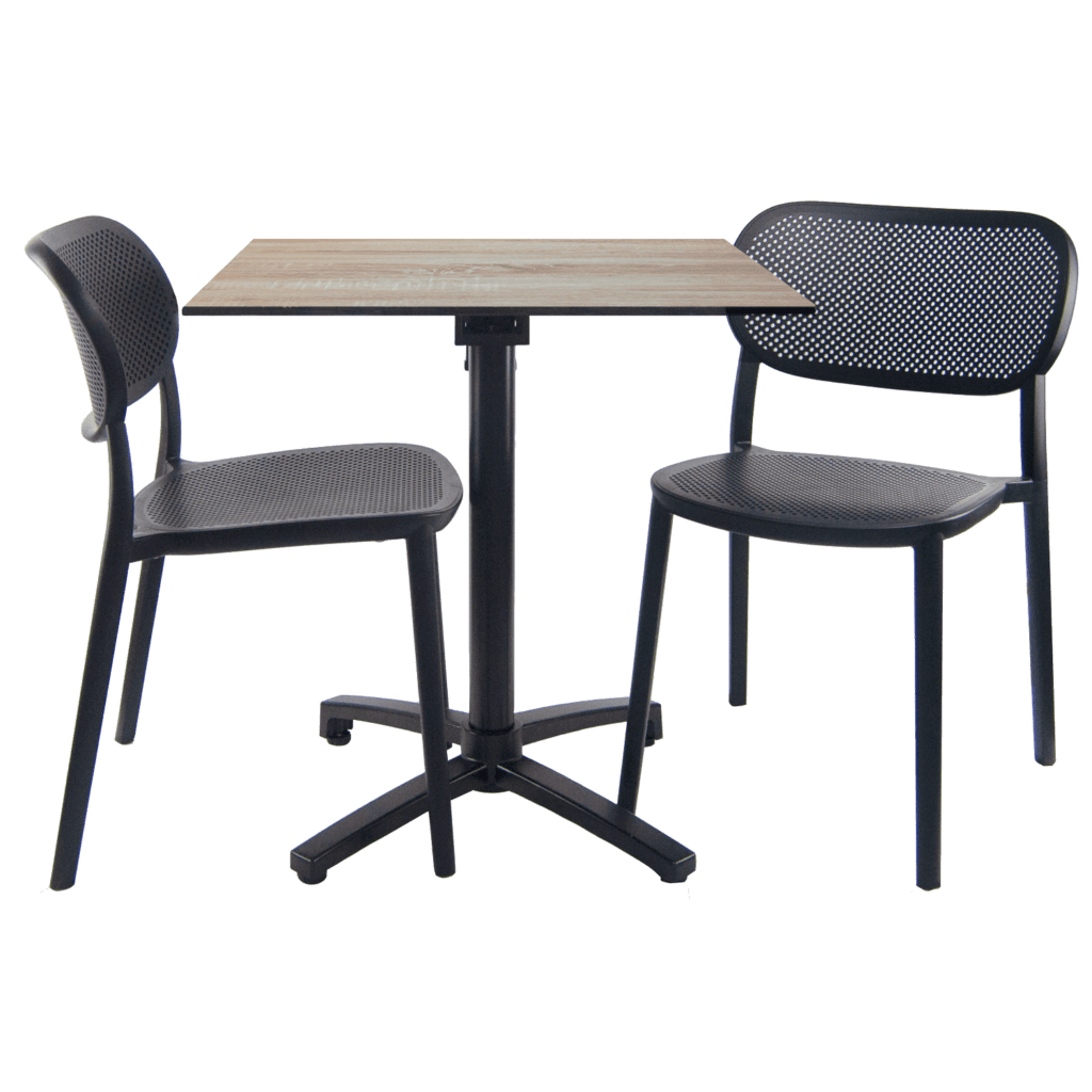 Ensemble table pliable diabolo compact HPL pour terrasse décor bois clair chêne bastide chaises Nuta RestooTab