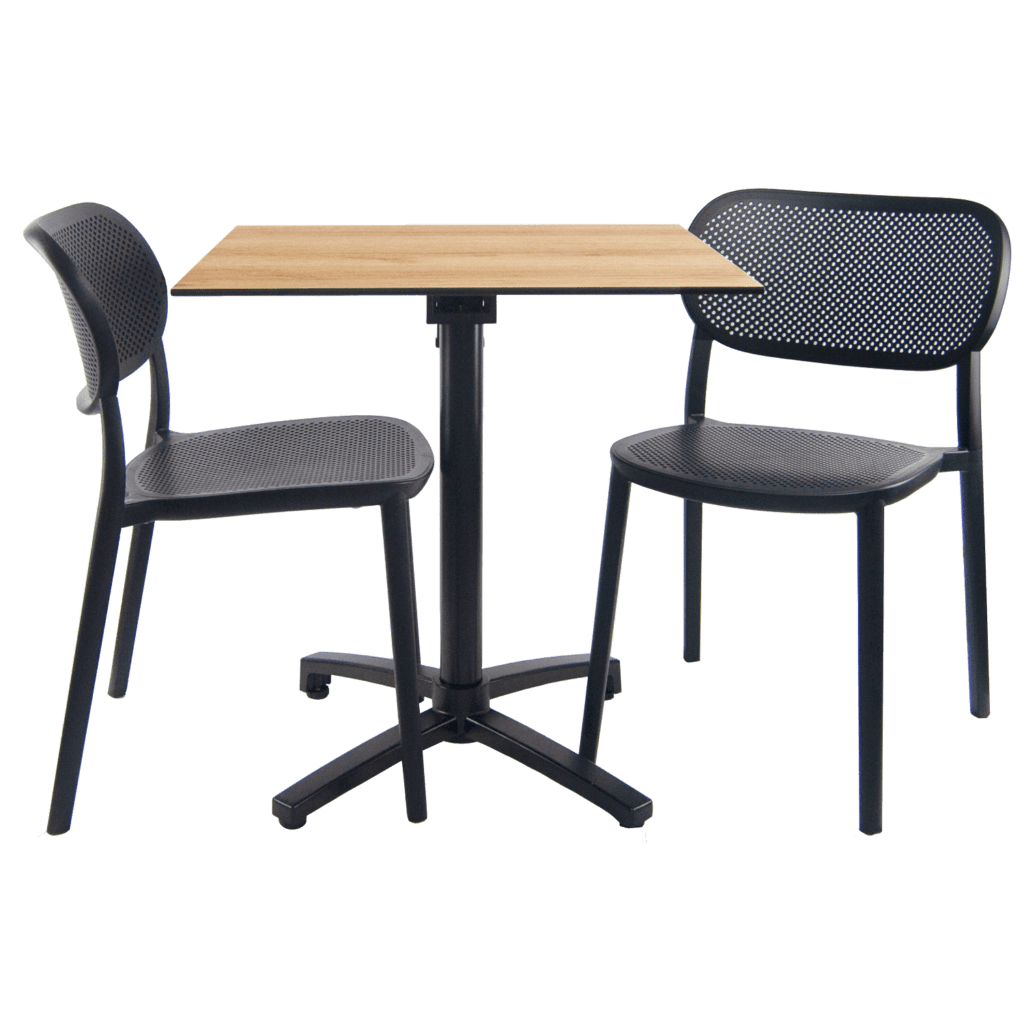 Ensemble table pliable diabolo compact HPL pour terrasse décor bois chêne delano chaises Nuta RestooTab