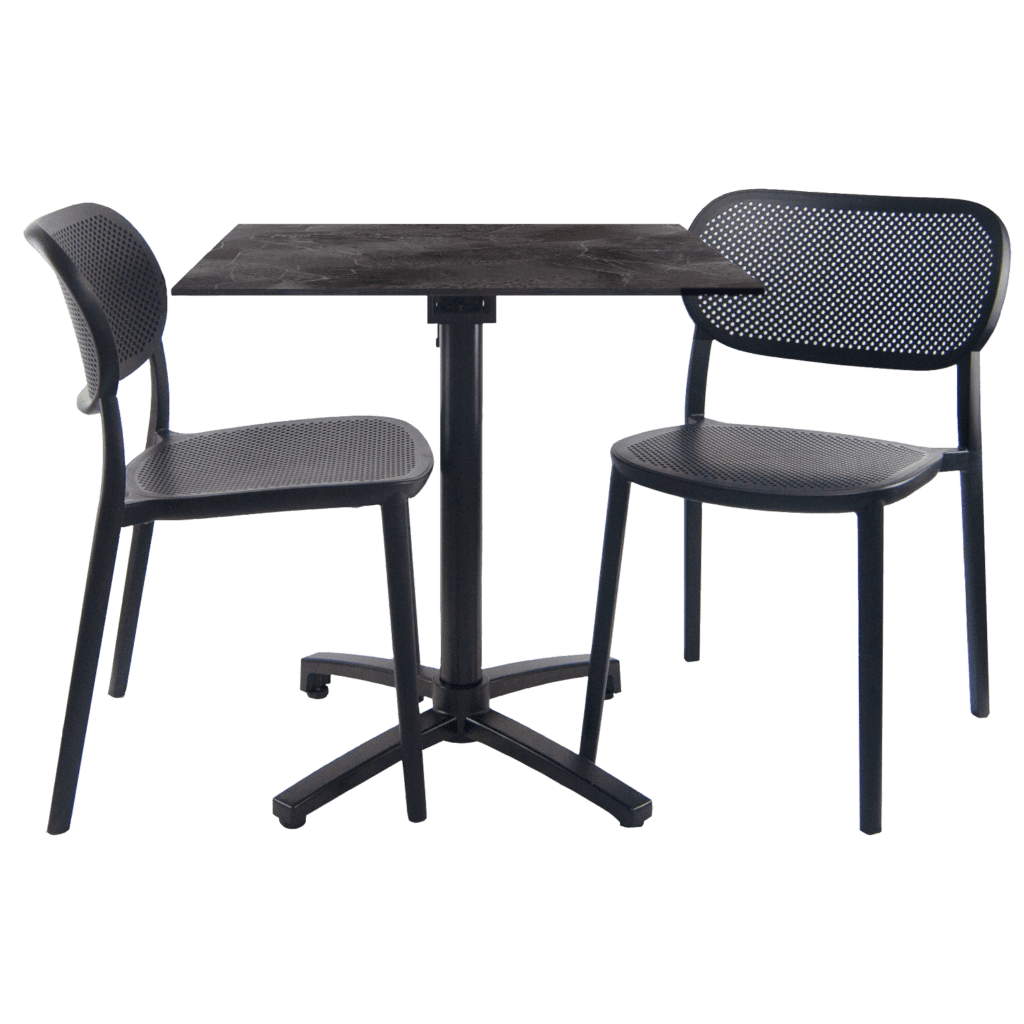 Ensemble table pliable diabolo compact HPL pour terrasse décor pierres sombres Cuma chaises Nuta RestooTab