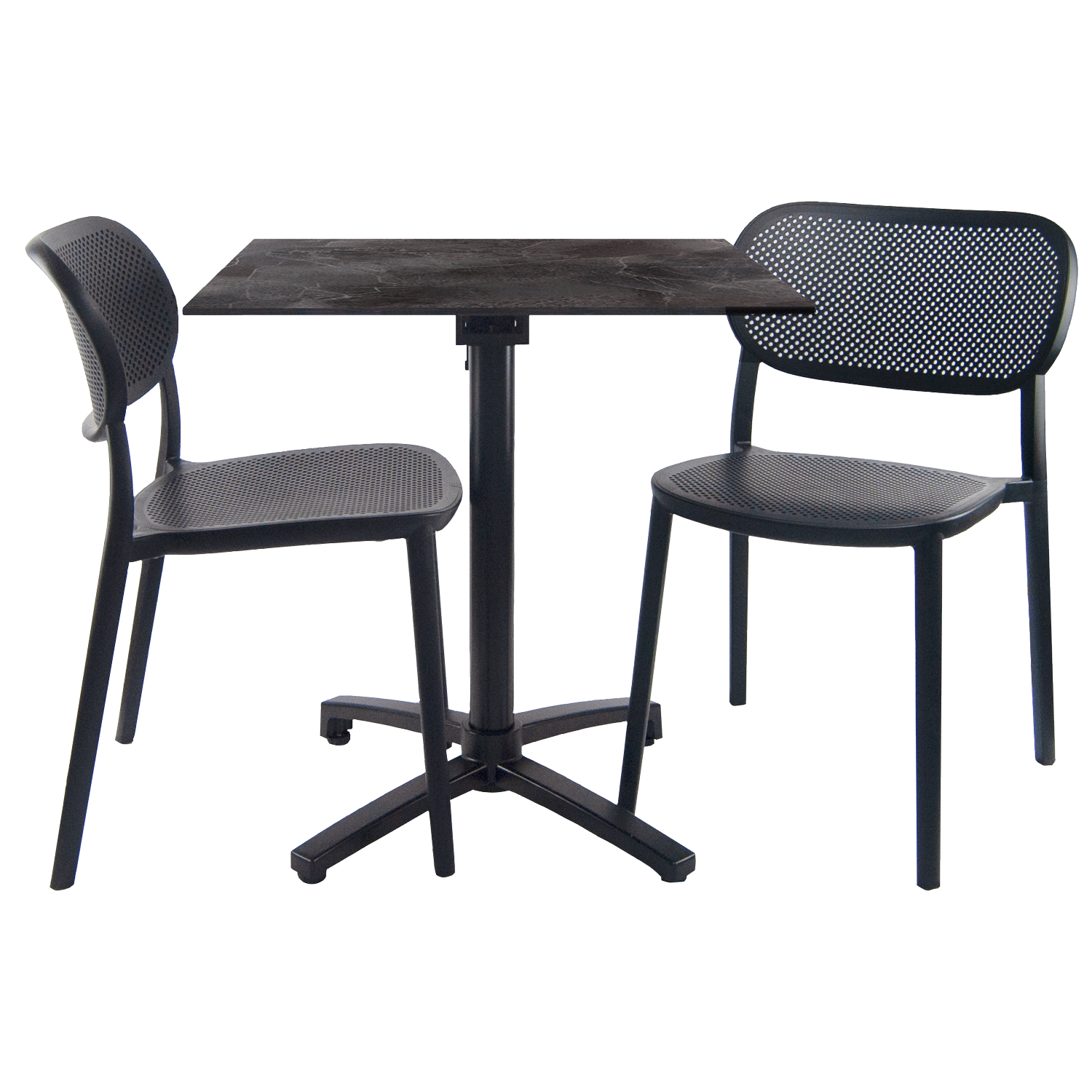 Ensemble table pliable diabolo compact HPL pour terrasse décor pierres sombres Cuma chaises Nuta RestooTab