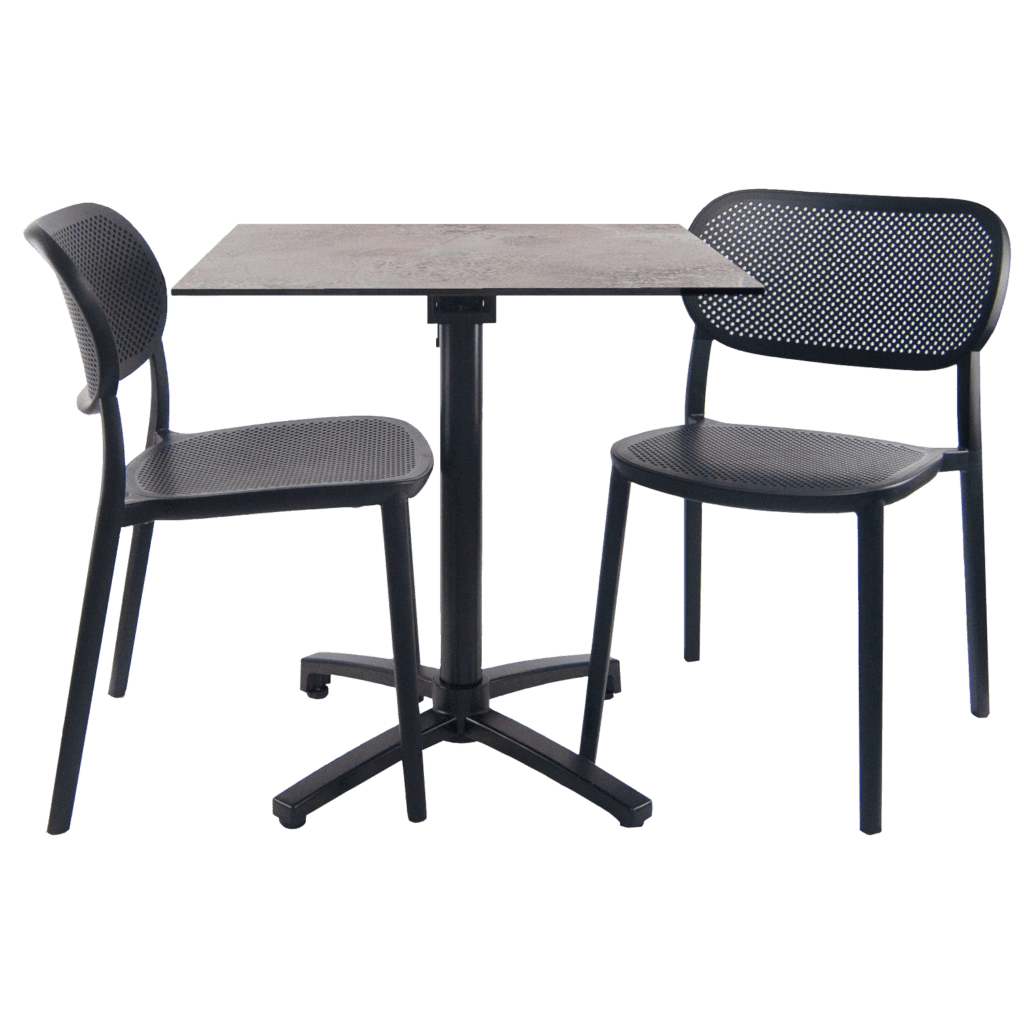 Ensemble table pliable diabolo compact HPL pour terrasse décor pierres claires Cuma chaises Nuta RestooTab