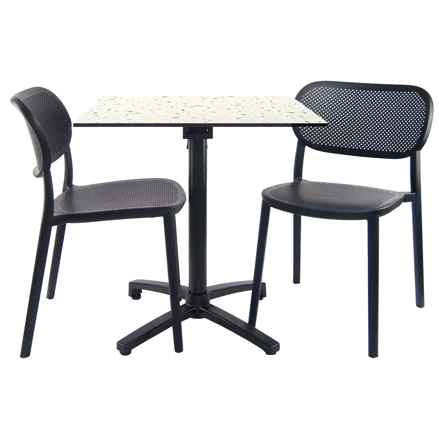 Ensemble table pliable diabolo compact HPL pour terrasse décor pierres terrazzo cassata chaises Nuta RestooTab