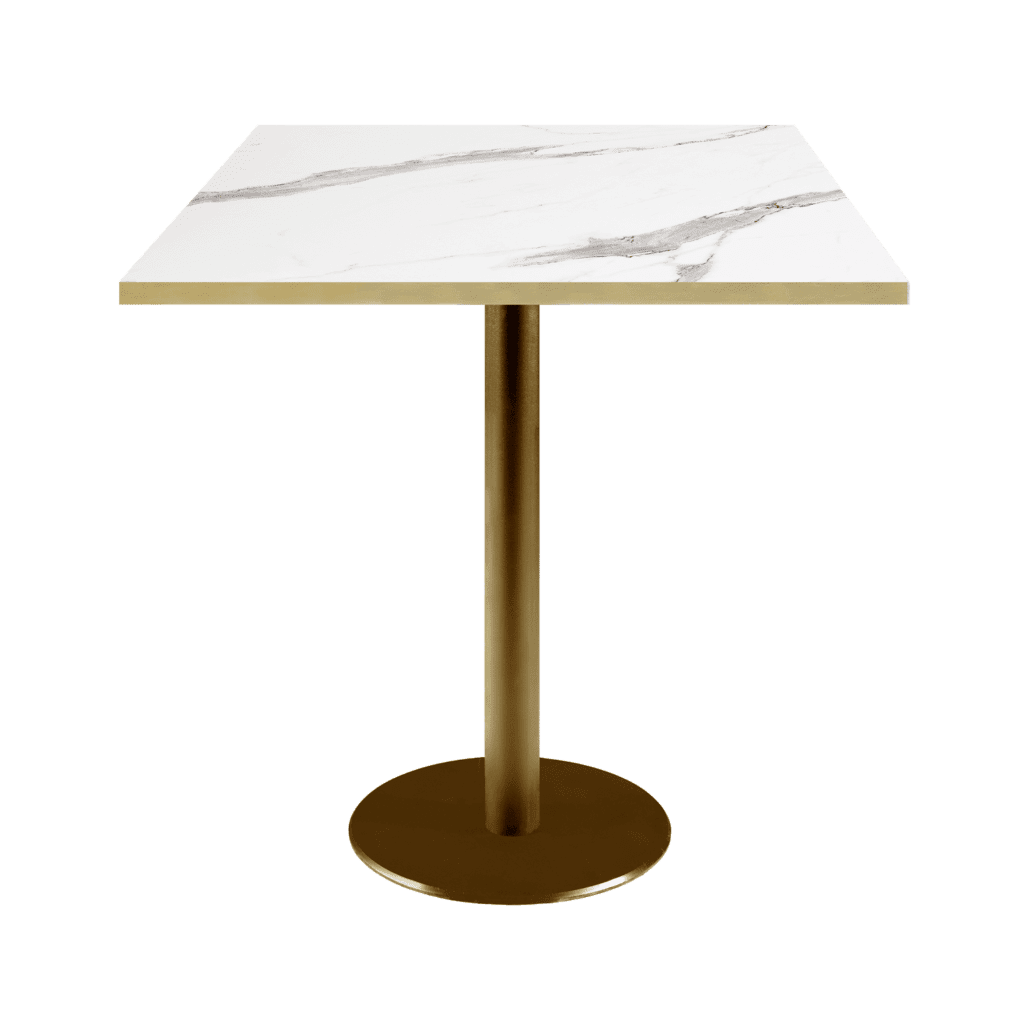 Table de restaurant Rome piètements doré et plateau marbre blanc chants laiton RestooTab