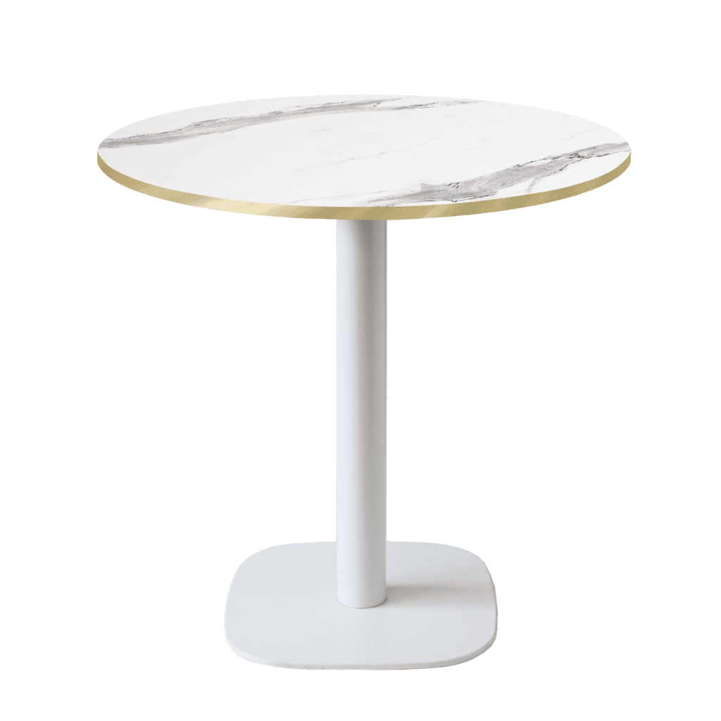 table de restaurant ronde Round marbre blanc chants laiton RestooTab